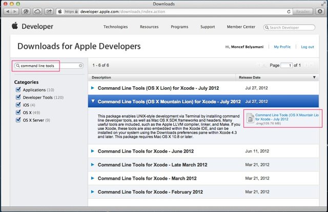 command line tools for mountain lion