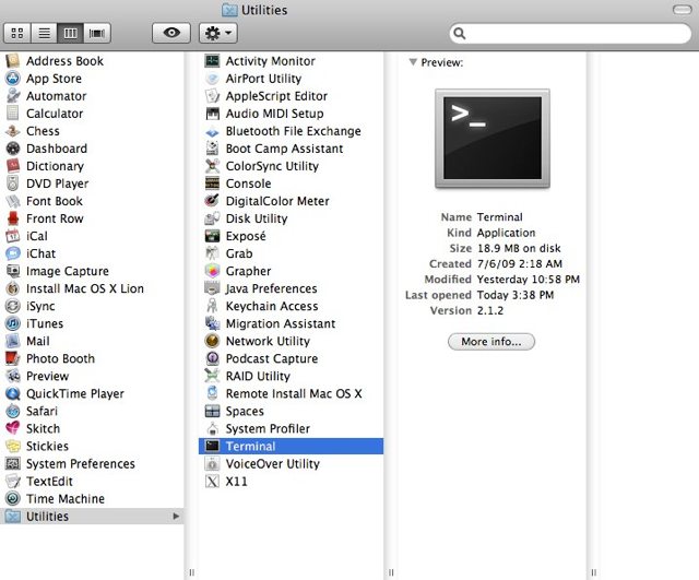 Location of the Terminal app in Finder