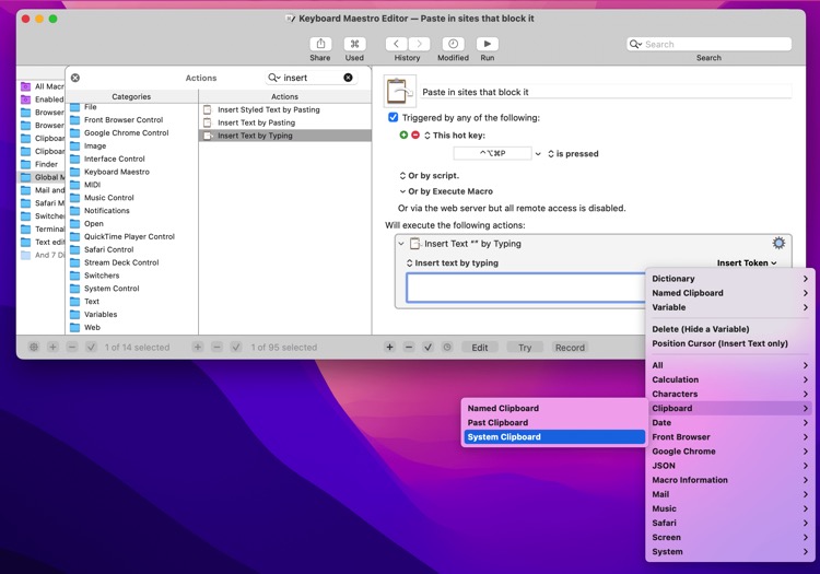 Keyboard Maestro Insert System Clipboard Token