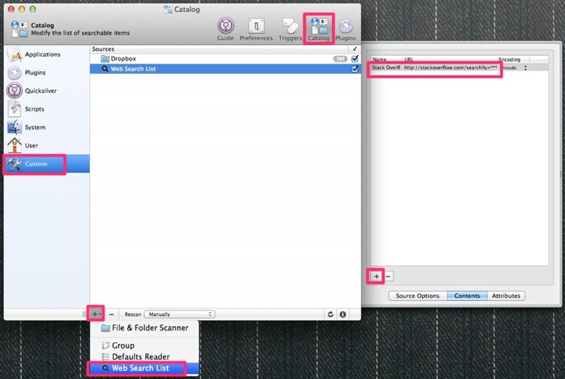 Quicksilver custom web search list