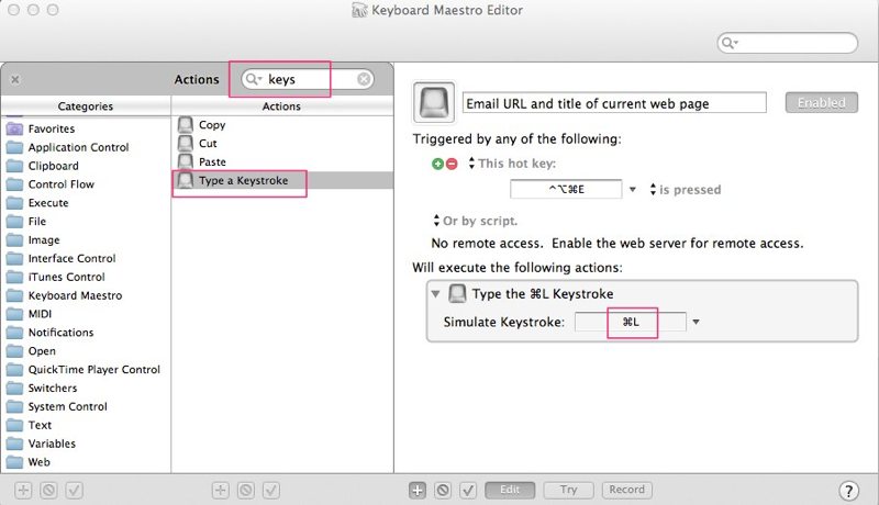 simulate keystroke action in Keyboard Maestro